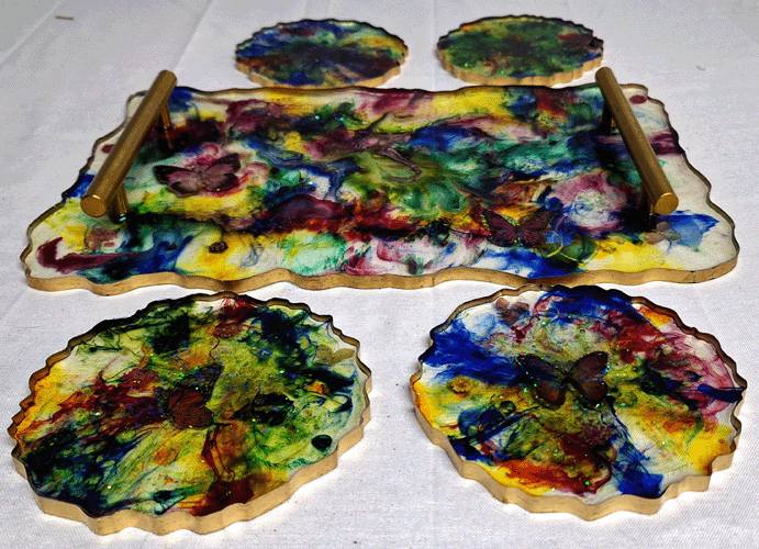 Butterfly Tray with 4 Coasters and Attached Handles